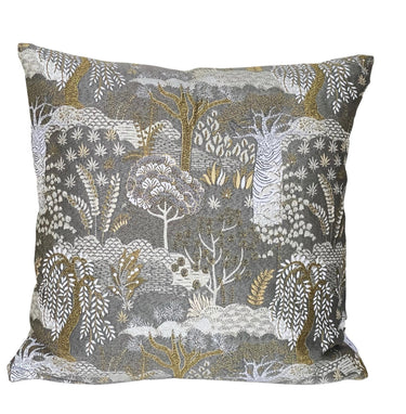 Grey and gold Tree of Life cushion cover with baobab and willow design